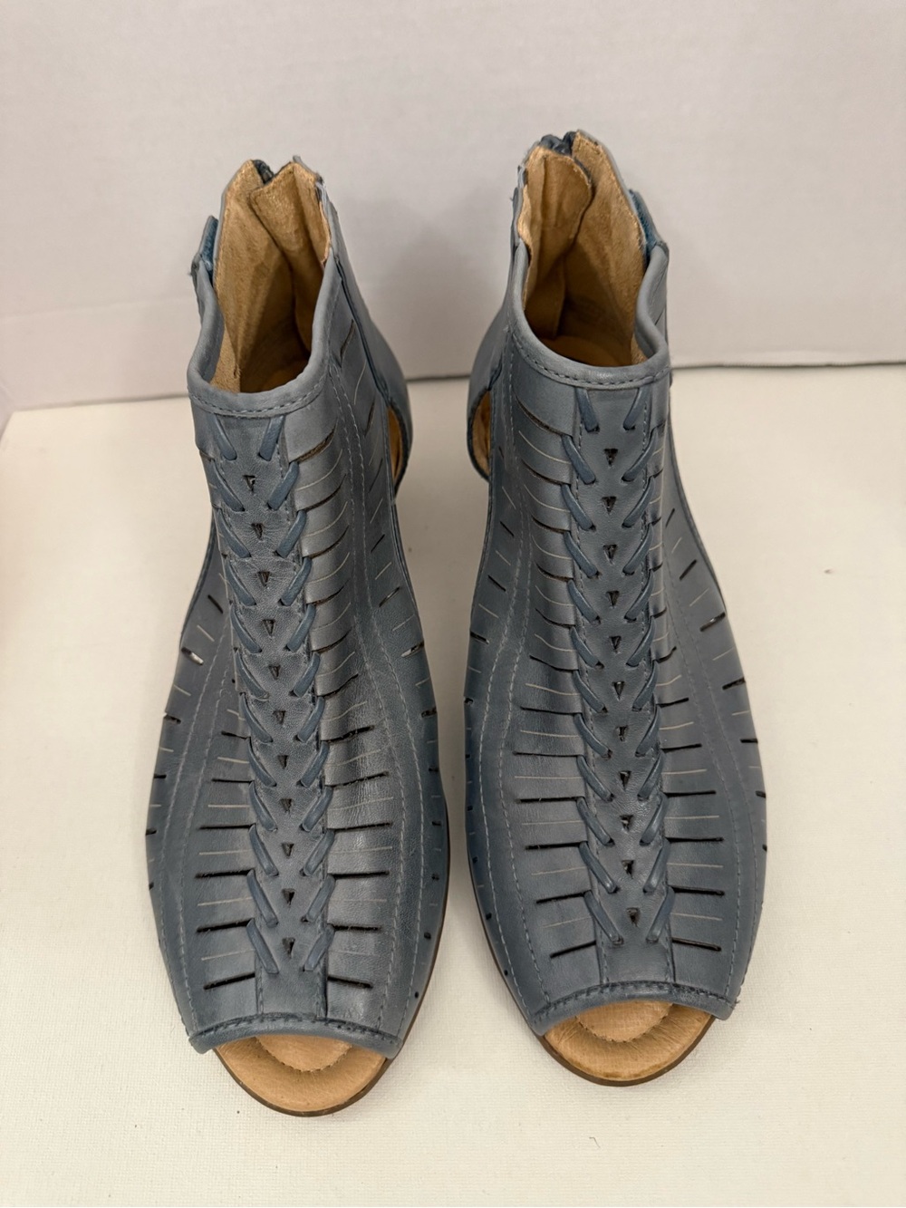 Women’s Blue Woven Peep-Toe Leather Boots